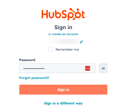 HubSpot sign in page