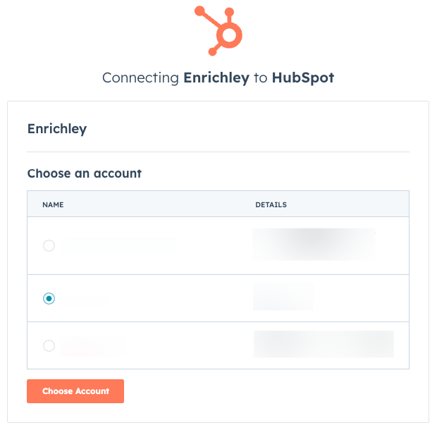 HubSpot account selection screen
