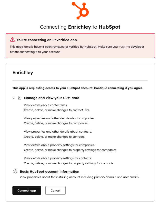HubSpot permissions approval screen showing requested scopes