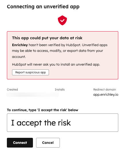 HubSpot unverified app warning screen