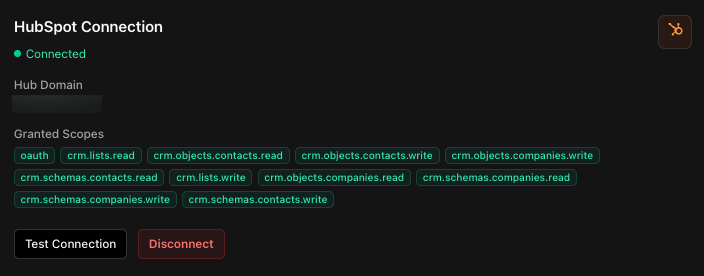 HubSpot connection status showing connected state with granted scopes