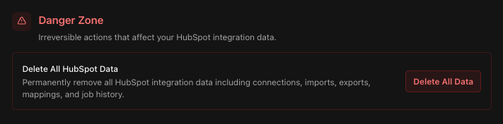 Danger Zone section with Delete All Data option
