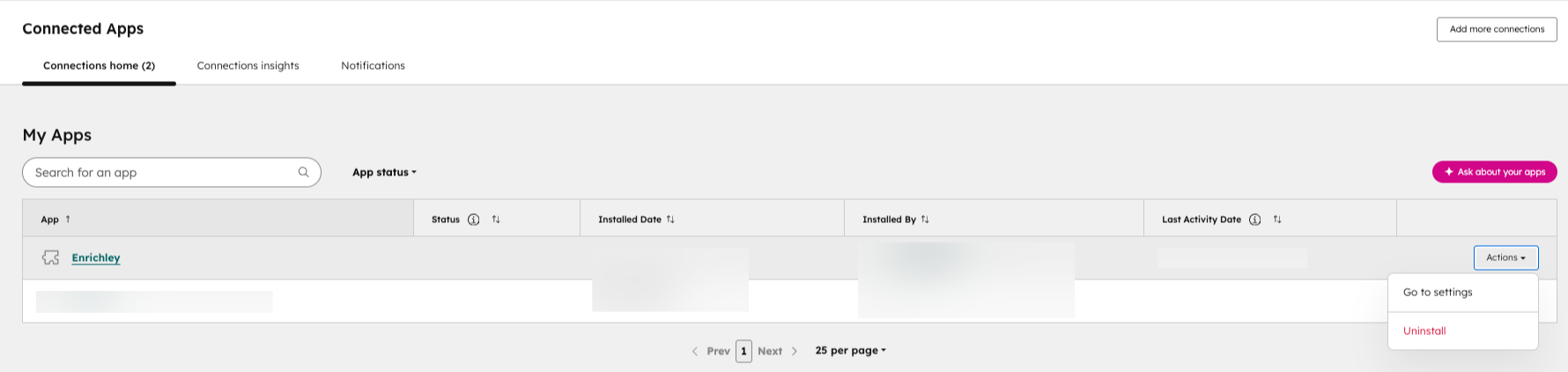 HubSpot Connected Apps page showing how to uninstall Enrichley